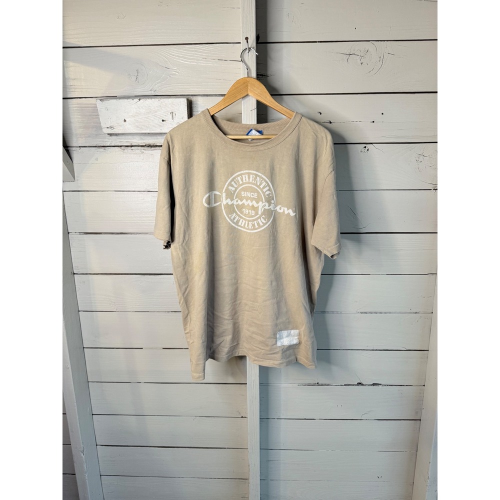 Champion Authentic Athletic Apparel Mens T-Shirt Tan Large Graphic Tee USA Made